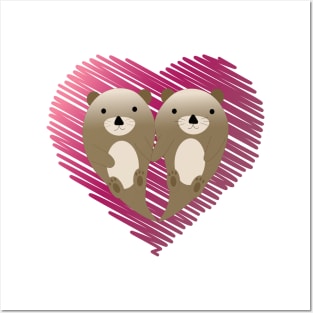 Cute Otters with a Red Heart Background Posters and Art